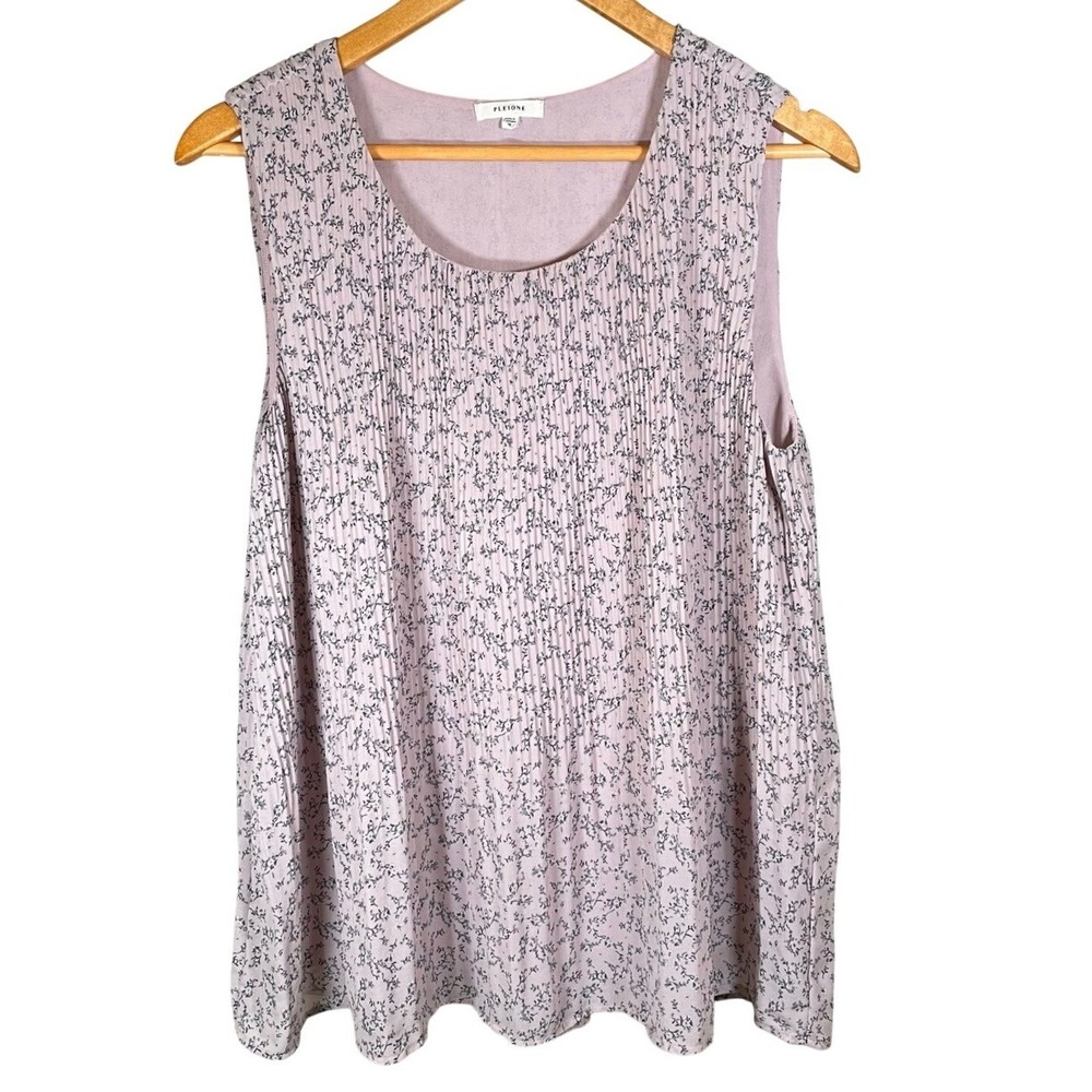 PLEIONE‎ Women's Medium Floral Pleated Lined Tank Top Sleeveless Blouse Purple
